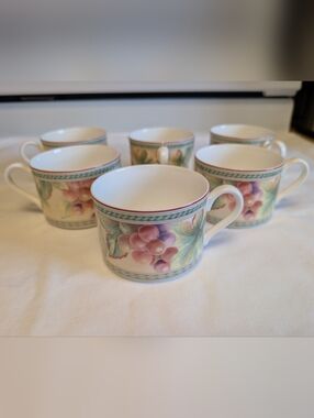 6 Fitz and Floyd Pink & Green Grape Motif Porcelain Mugs
